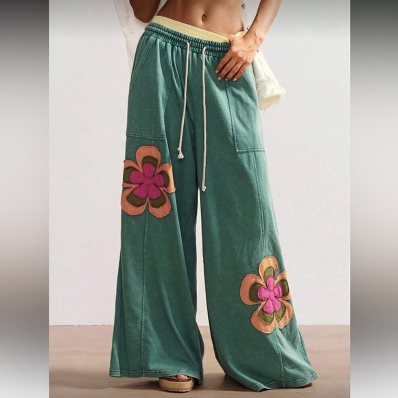 Pants - Flower patchwork pants wide leg green pink Floral Embroidered Wide-Leg Pants